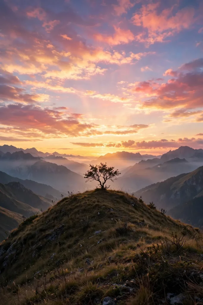 Sprüche zum Teilen: Baum auf einem Hügel bei Sonnenaufgang