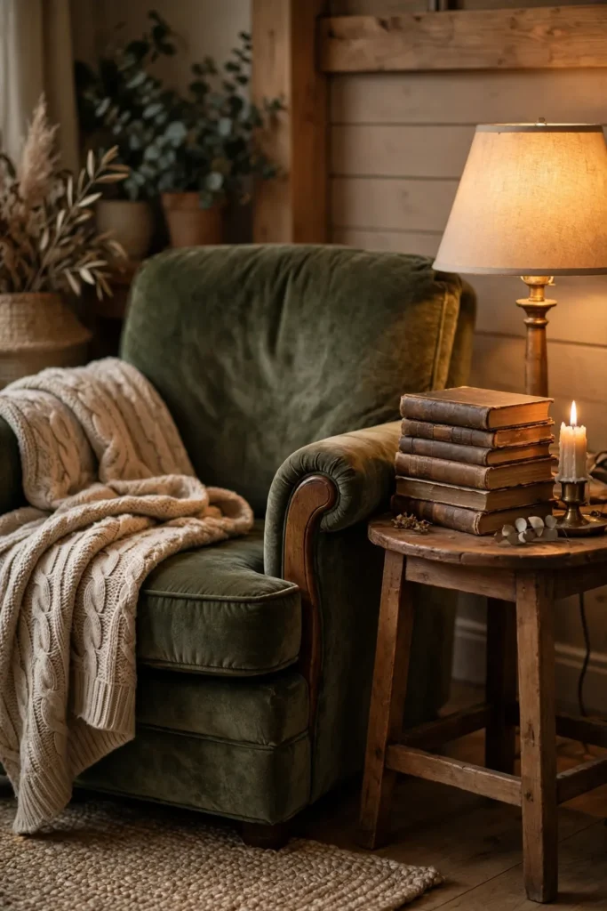 Leseecke mit Büchern und Kerze für schöne Sprüche