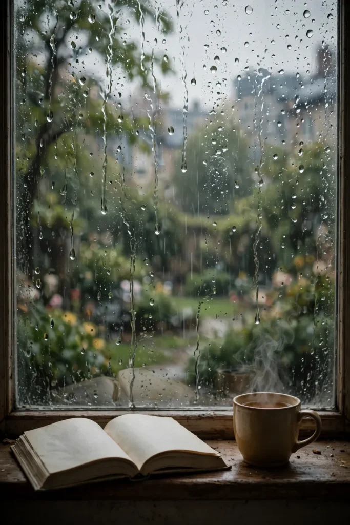Regenfenster mit Buch und Tee als Bild zum Nachdenken
