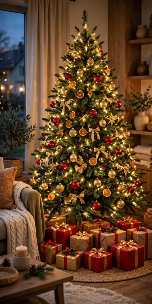 Geschmückter Weihnachtsbaum mit Geschenken im Wohnzimmer