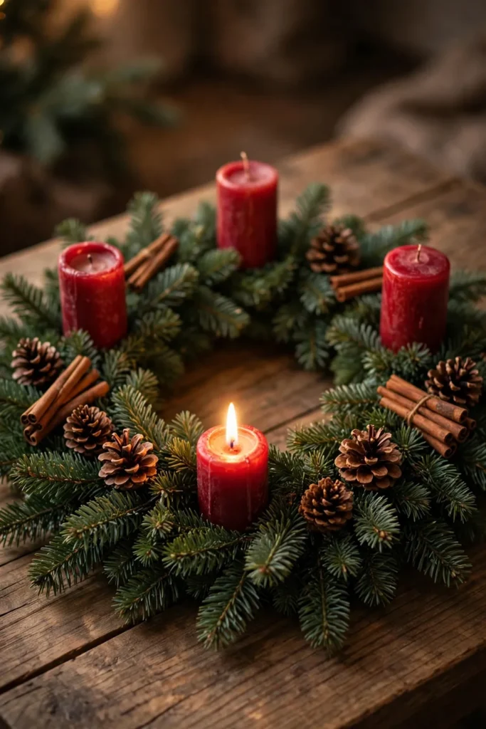 Weihnachtsgrüße mit Adventskranz und brennender Kerze
