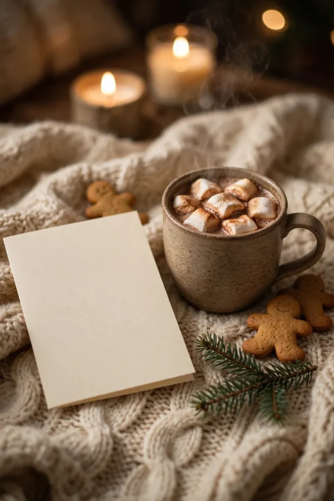 Weihnachtskarte mit Kakao und Lebkuchen bei Kerzenlicht