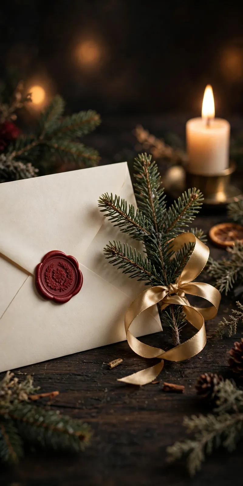 Weihnachtsbrief mit Wachssiegel und Tannenzweig
