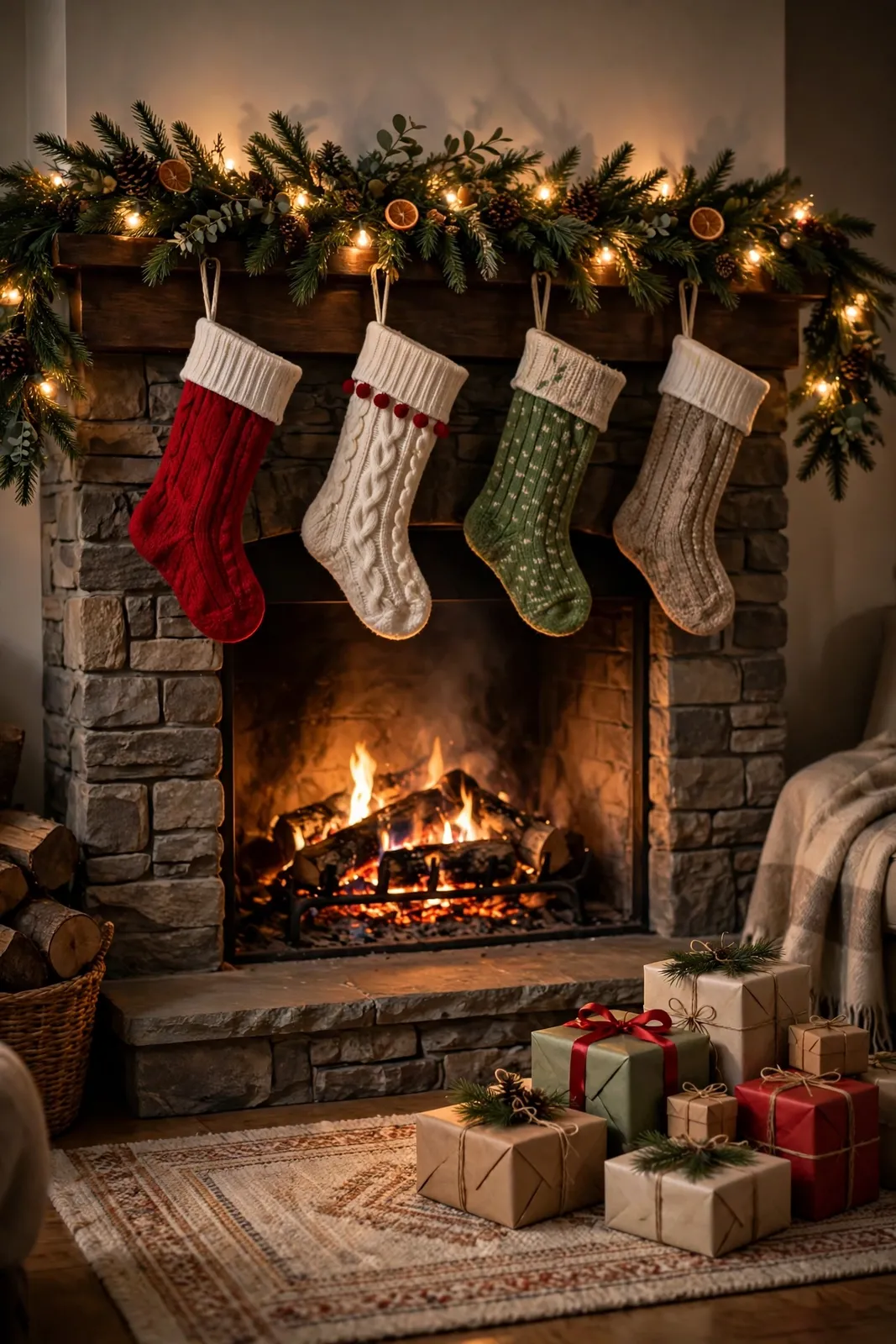 Weihnachtswünsche am Kamin mit Strümpfen und Geschenken