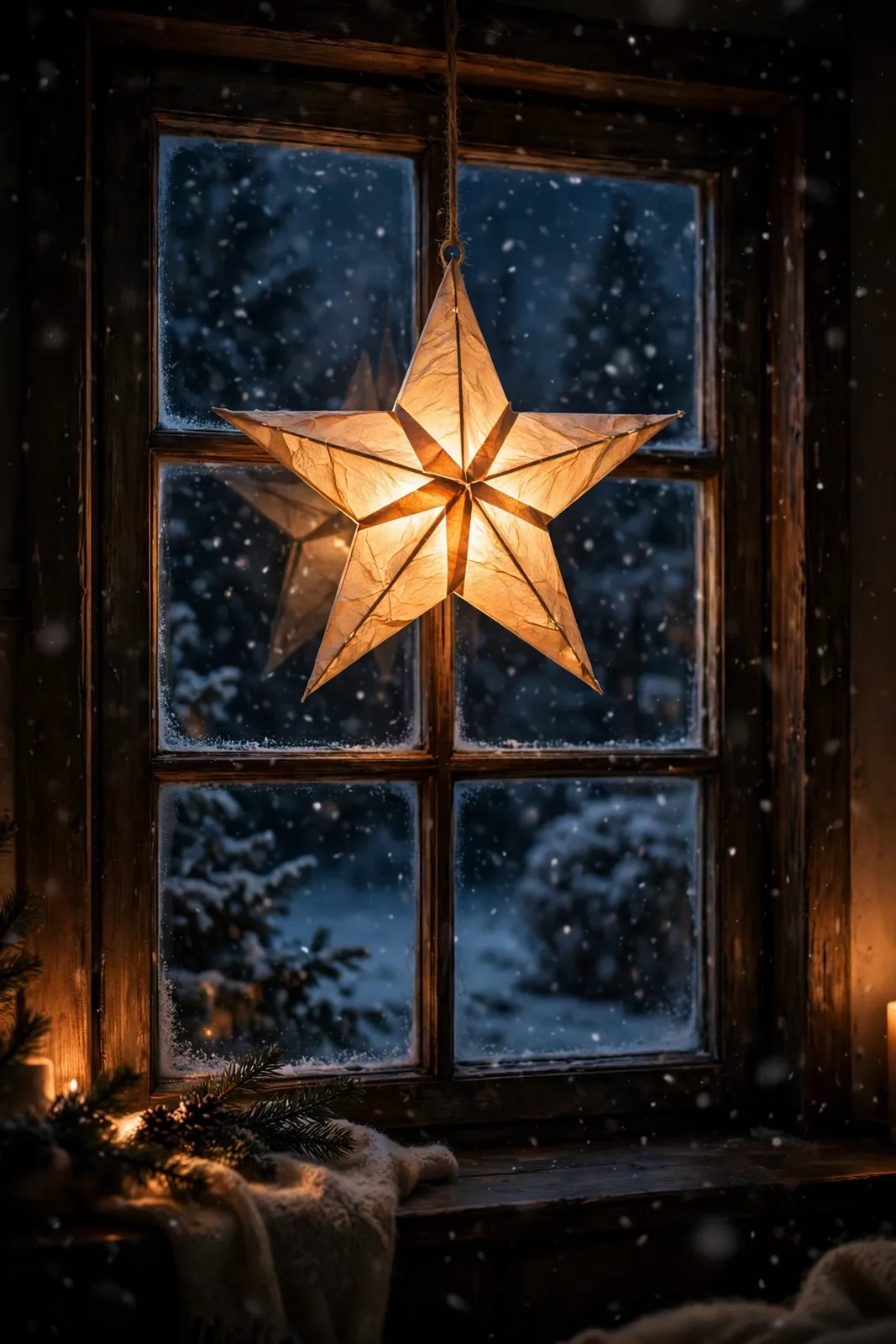 Leuchtender Weihnachtsstern am Fenster bei Schneefall